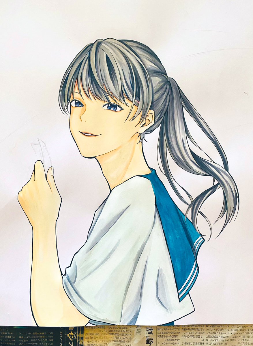 1girl solo traditional media school uniform smile looking at viewer grey hair  illustration images