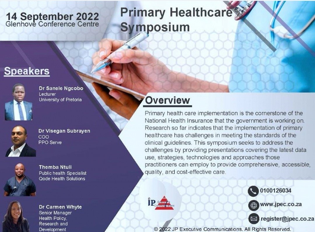 Primary Healthcare Symposium. Register to join us as we take a critical look at the challenges and opportunities of #PrimaryCare #primaryhealthcare register@jpec.co.za #generalpractioners #phc