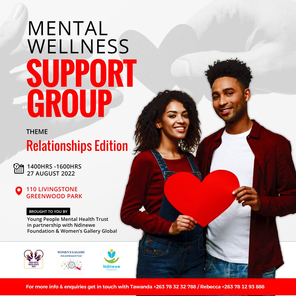 MurepaTawanda's tweet photo. Tomorrow we will be having our support group #RelationshipEdition.
Save a date
Be there.. I will be there.
Admission at no charge.. entrance is free !!!! https://t.co/QdBePJBymO