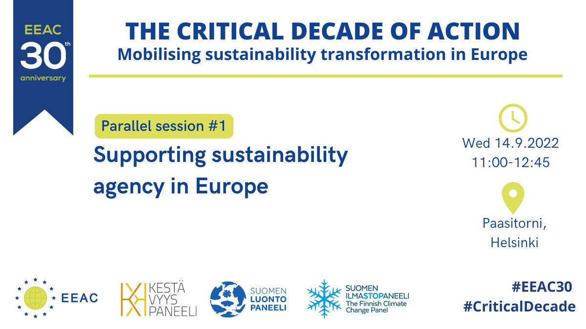 Kestavyyspanel's tweet photo. How to support #SustainabilityAgency &amp; engage societal actors over generations into #SustainabilityTransformation? 

Join the discussion at #EEAC30 with Filipe Duarte Santos, @FurmanEeva, @lindblom_annika, @PeltonenLasse, @ArmiTemmes. 

👉https://t.co/BLv6We303D

#CriticalDecade https://t.co/MWYgOiqBWC