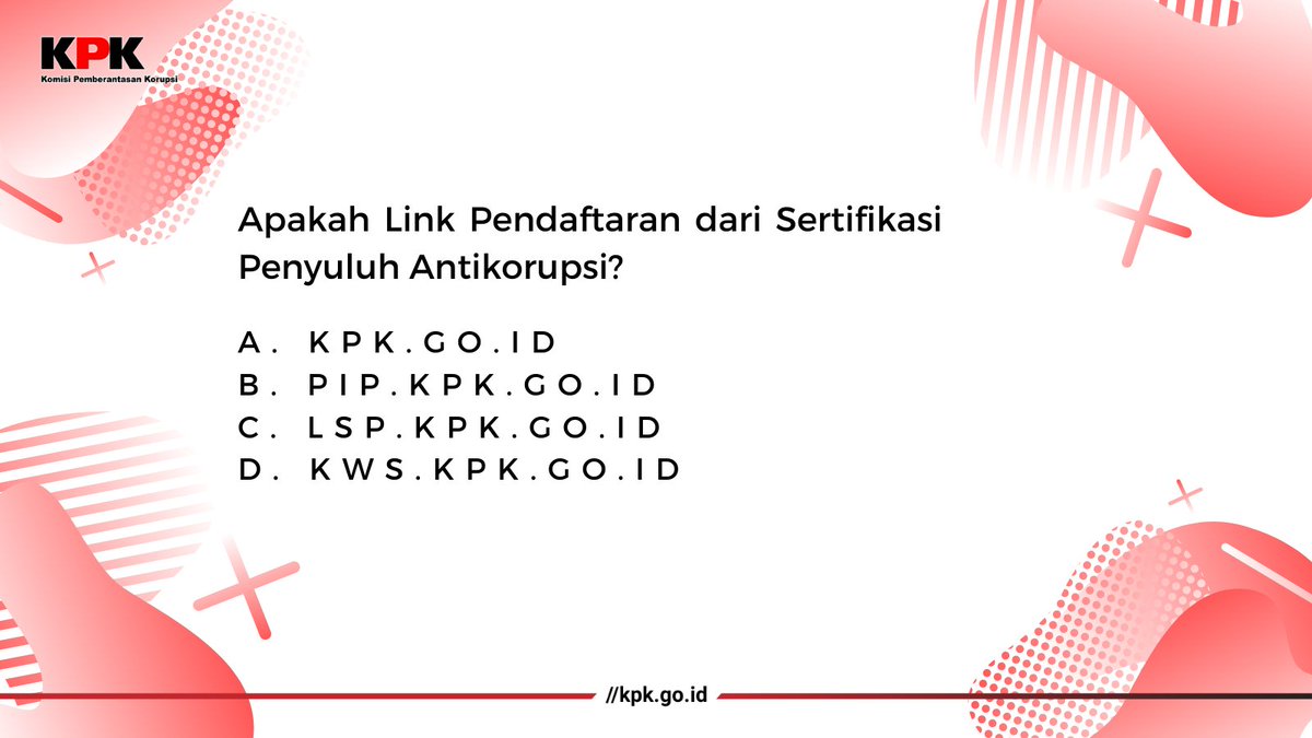 PIP_KPK's tweet photo. Waktunya #KuisPIP #JumatSemangat 

Simak pertanyaan berikut dan jawab di kolom komentar, ya! 

Ada hadiah menarik bagi pemenang beruntung yang diumumkan jam 5 sore nanti. 

Follow akun @PIP_KPK , Like &amp; Retweet kuis ini, ya! https://t.co/Evwgfl7aZr