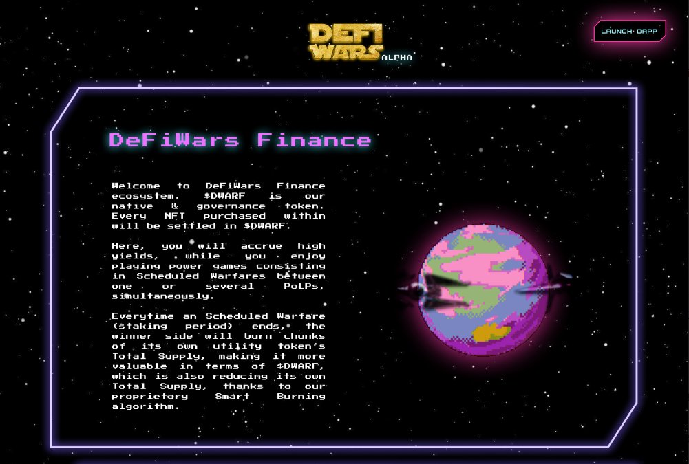 We have heard that the Core Team from <a href="/DeFiWars_crypto/">DeFiWars</a> is finally launching its Alpha Release (Dapp)! Awesome NFT GENESIS Collection!

Congratulations to the Founder, the Core Team, and their collaborators!

Let us know when ready.

May the $DWARF be with you.
#DeFi #NFTs #art