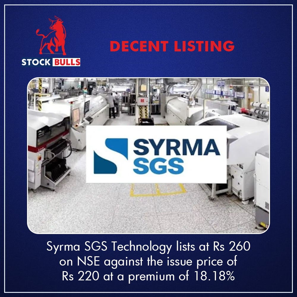 StockBullsin's tweet photo. Syrma SOS Technology lists for Rs 260 on the NSE, up from the initial public offering price of Rs 220 by 18.18%.

#stockbulls #syrma #SOS #technology https://t.co/xdsqImgGPn