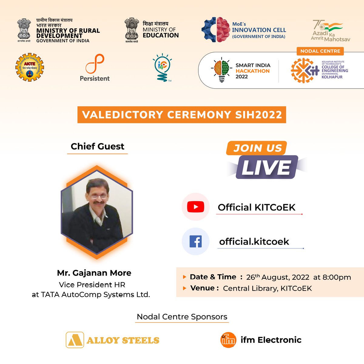 officialkitcoek's tweet photo. Join us for Valedictory Ceremony of SIH 2022 on 26 August at 8:00 pm
You can also join us on official YouTube and Facebook channels
.
.
.
#SIH2022 #SmartIndiaHackathon2022 #Innovation #OutofBoxThinking #SIH #AICTE #Hackathon #WizardsofTech #IdeaNation #acseskitcoek #kitcoek https://t.co/6zW4NxLfG1