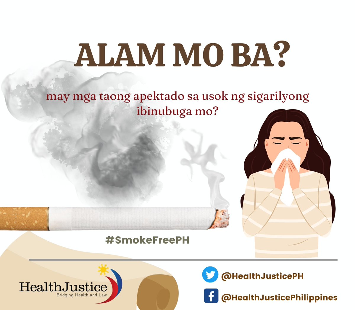 HealthJusticePH's tweet photo. Hindi lamang ikaw na naninigarilyo ang apektado ng ibinubuga mong usok, kundi ang secondhand smoke na iyan ay makakaapekto rin sa kalusugan ng ibang makakalanghap nito.

#SmokeFreePH https://t.co/JW3EnaALBL