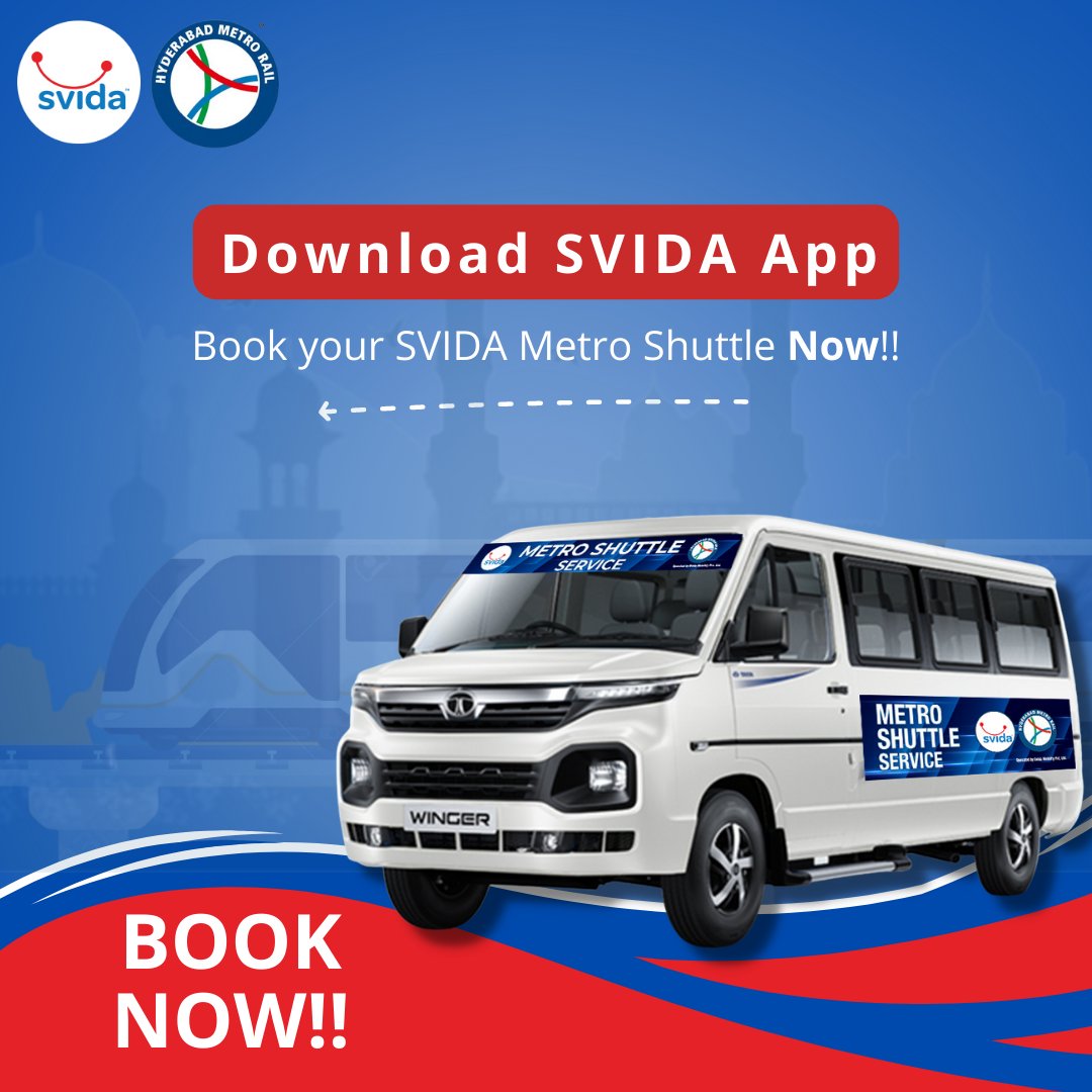 svidashuttle's tweet photo. The SVIDA Metro Shuttle is a pocket-friendly and preferred option by Hyderabad Metro for your daily commute. Seamless travel experience at its best.
Hassle-free service with timebound pickups.
Book your SVIDA Metro Shuttle Now!!
#metrostation #shuttle #dailycommute #metroshuttle https://t.co/vt839W9BIM