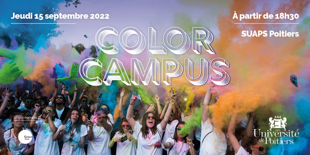 UnivPoitiers's tweet photo. [#COLORCAMPUS]

👟Prêt-e-s à courir et à découvrir le campus ?🏃‍♀️🏃‍♂️

✨La Color campus débarque à l'@UnivPoitiers le jeudi 15 septembre !

👉On vous attend nombreux !

+ d'infos : https://t.co/cdf4wDgc82

📌En partenariat avec @Grand_Poitiers  et @POITIERS_CROUS https://t.co/KAZ4TxGNNX