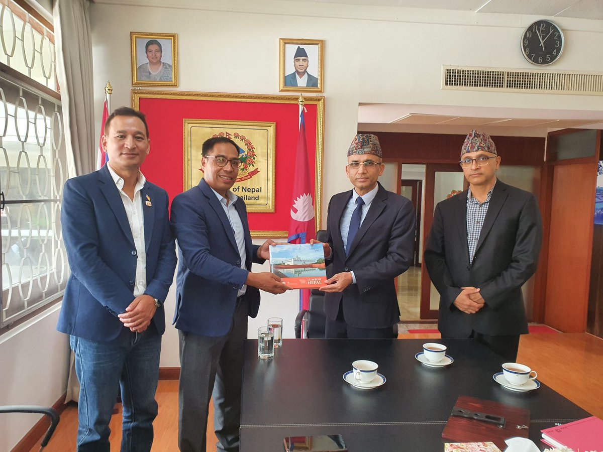 Ambassador <a href="/ganeshpdhakal/">Ganesh Dhakal</a> received Mr. Sanuraja Shakya, Secretary &amp; Mr Rajesh Shakya, Board Member <a href="/Lumbinidtrust/">Lumbini Development Trust</a> today. Discussion was focused on the promotion of Lumbini &amp; its surrounding Buddhist sites as well as collaboration between Buddhist universities of Nepal &amp; Thailand.