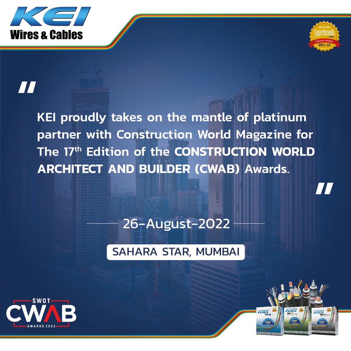 keicable's tweet photo. KEI is proud to partner with Construction World Magazine for the 17th Edition of the Construction World Architect and Builder (CWAB) Awards.

#KEI #CWABawards #KEIWires #Cwab #Sponsor #ProudSponsor #HarTensionSaheChaltiRahe https://t.co/WXvYmwfX8b