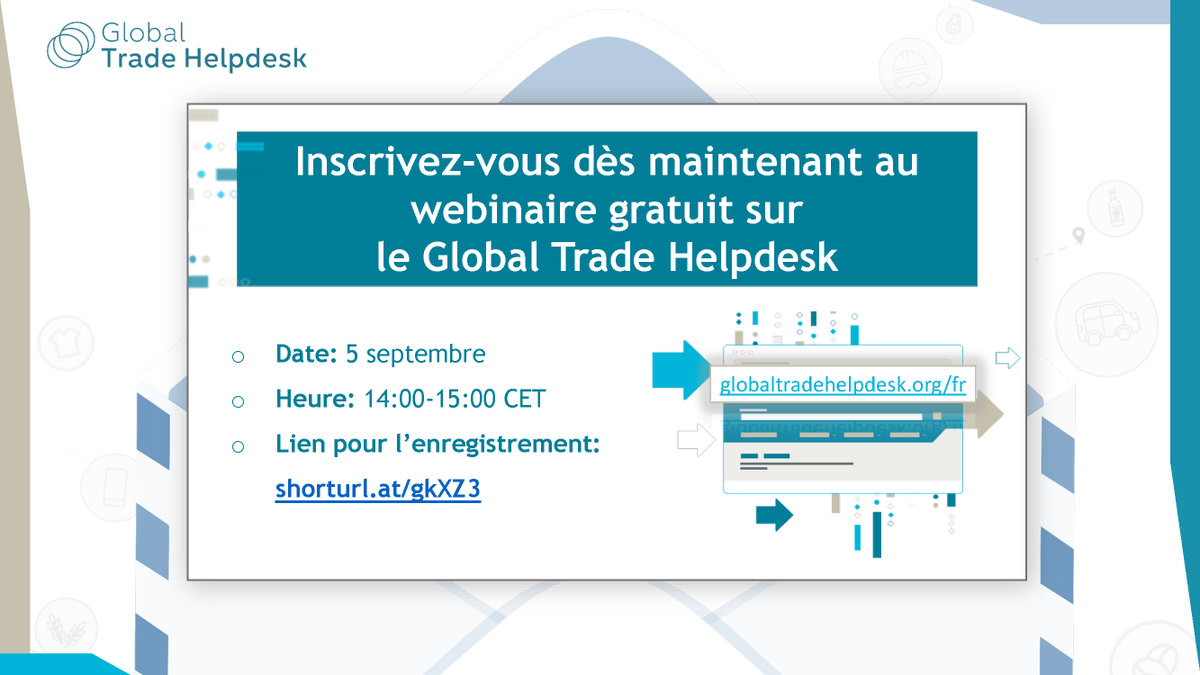 ITC_MktAnalysis's tweet photo. 🙌Webinaire gratuit sur Global Trade Helpdesk

Découvrez un monde d’opportunités commerciales dans un seul lieu avec des infos détaillées sur les importations, la dynamique de marché, les droits de douane, &amp; bien plus encore !

📆05/09/2022 à 14h00 CET
📝https://t.co/cA2nz9Ky0N https://t.co/3WEZlYCrt0