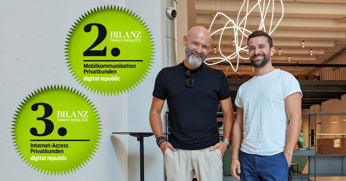 Unsere Kund:innen sind die besten! 💪 Da sind wir zum ersten Mal Teil im grossen Telekom-Rating vom BILANZ Wirtschaftsmagazin und landen dank euch gleich zwei Mal auf dem Podest! 🥈🥉

digitalrepublic.ch/de/news/auf-an…

#swisstelco #award #ThankYou