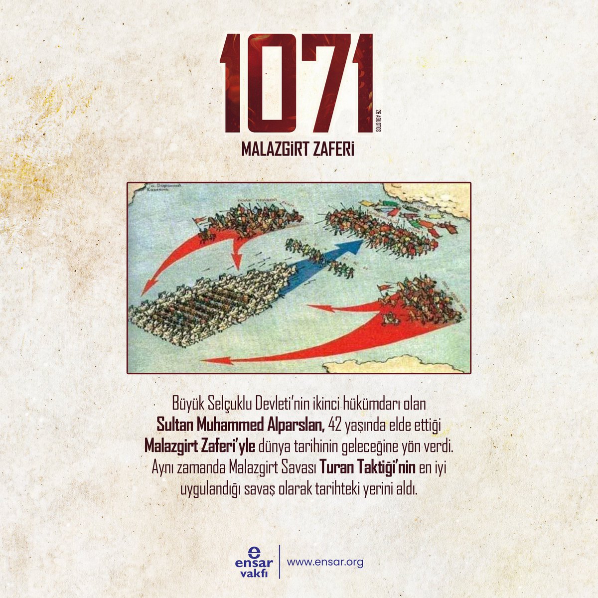 Anadolu’yu bize yurt kılan #MalazgirtZaferi'nin 951. yıl dönümü kutlu olsun. Büyük Komutan Sultan Alparslan ve şanlı ordusunu rahmet ve minnetle anıyoruz. 🇹🇷