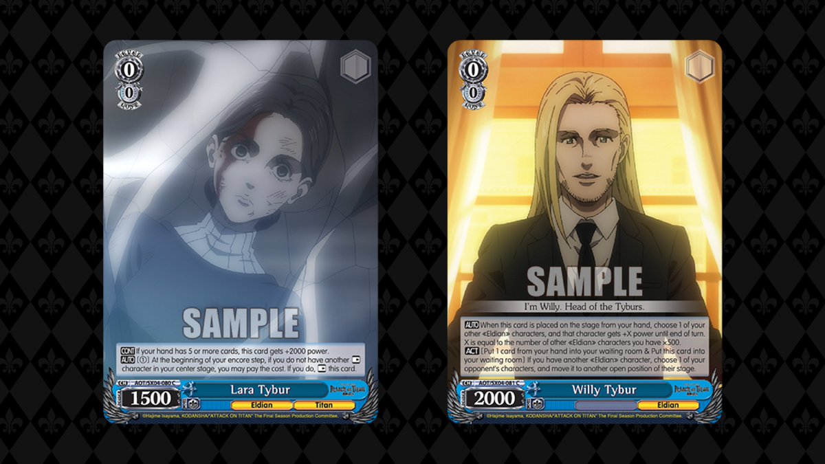 weissschwarz_en's tweet photo. Keeping up with the Tyburs! ๐
The rumbling intensifies on Sep 16! Find out more โก๏ธ
https://t.co/rsJAiaRyER
#WeissSchwarz #AttackOnTitan #Tybur https://t.co/Dg0PulUOiS