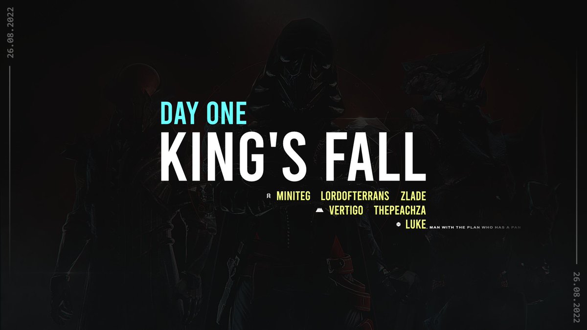 Tonight, our raid team will be attempting the King's Fall in the Day 1 Contest Mode. 

🏹 <a href="/mini_teg/">MiniTeg</a> 
🏹 <a href="/TerranLord/">Devin Morris</a> 
🏹 <a href="/ZladeOW/">Zlade</a> 
🧙 <a href="/Vertigo_97/">Vertigo ☆</a> 
🧙 <a href="/ThePeachZA/">ThePeachZA 🏔️👀</a> (dat's me! :P) 
🍳 Luke, the man with a pan who has a plan

Watch us live, starting before 7pm. 
Links below 👇