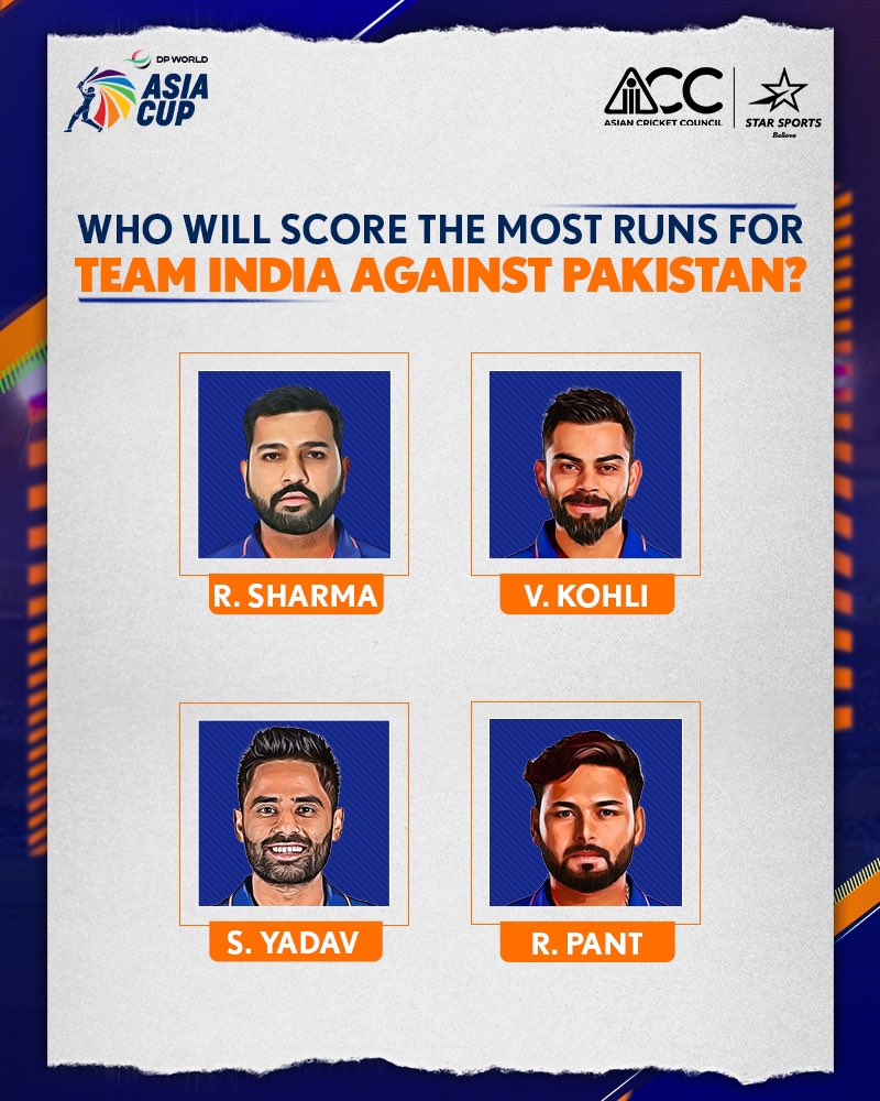 searchtapmedia's tweet photo. ________________ will score the most runs for #TeamIndia in the #GreatestRivalry! 

DP World #AsiaCup2022 | #BelieveInBlue | #INDvPAK: Aug 28, 6 PM | Star Sports &amp; Disney+Hotstar https://t.co/99uokBYEGn