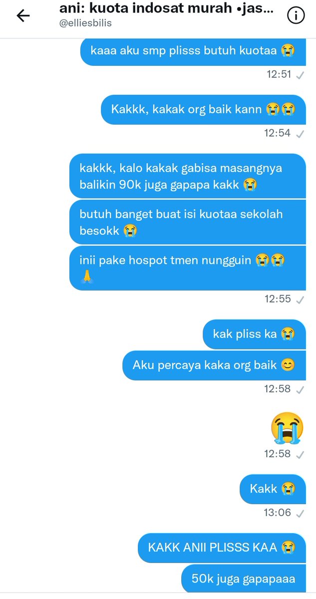 KUOTA INDOSAT ANI!!! PLISS emg awalnya tuh aku lagi buru² mau pulangg sekul. Terus ditweet yg sblmnya komen dia dipaling atas yauda aku langsung dm&amp;beli ke dia. TAPI GATAUNYA NIPU AKU 😭#zonauang