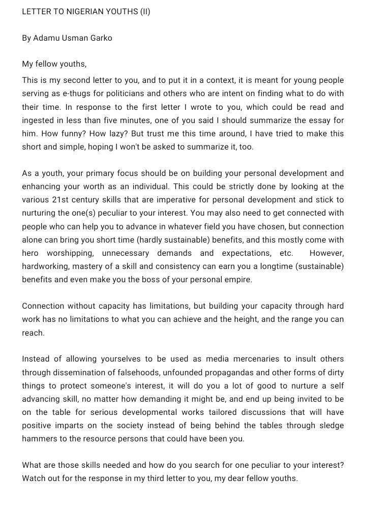 AdamuUsmanGarko's tweet photo. Letter To Nigerian Youths (II) https://t.co/SqKz0DxpSG