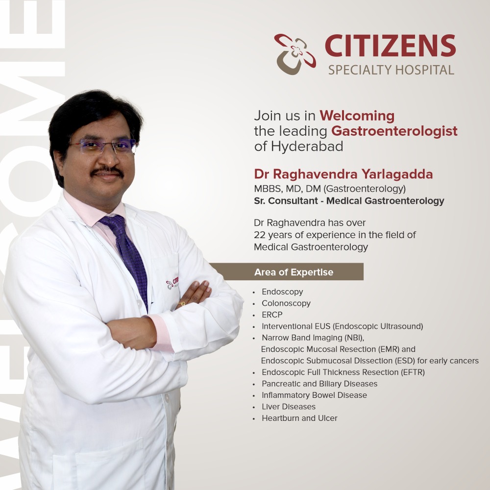 Citizenshyd's tweet photo. Citizens Specialty Hospital proudly welcomes Dr Raghavendra Yarlagadda, Consultant, Gastroenterology. With experience that spans over 22 years. We welcome you to the Citizens Family! Book an appt call: 04067191919
#MedicalGastroenterologist #Pancreaticdisease #Biliarydisorders https://t.co/h1FIz4lpUn