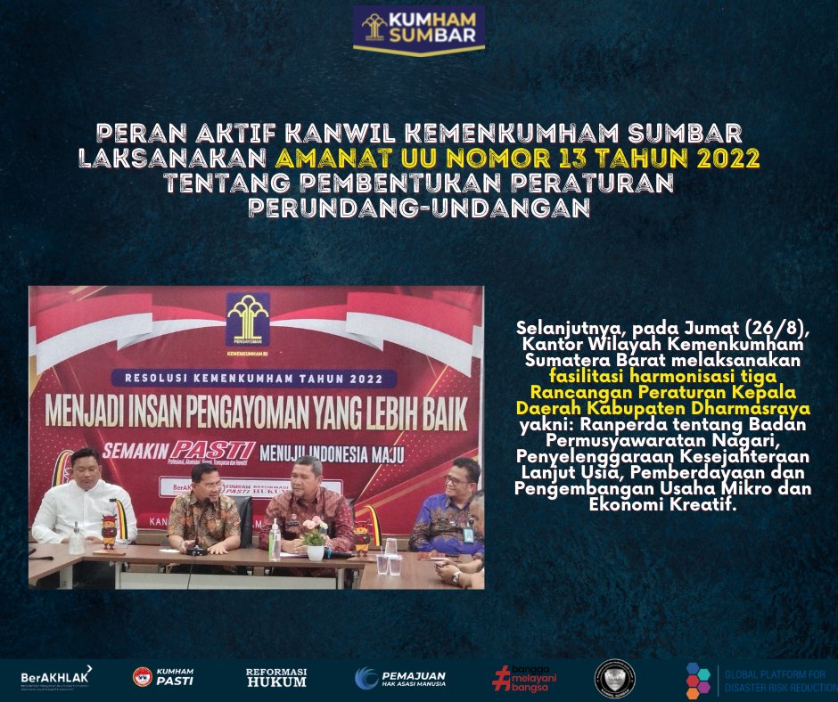 kemenkumsumbar's tweet photo. Selanjutnya, pada Jumat (26/8), Kantor Wilayah Kemenkumham Sumatera Barat melaksanakan fasilitasi harmonisasi tiga Rancangan Peraturan Kepala Daerah Kabupaten Dharmasraya.

#Ranperda
#DitjenPP
#KemenkumhamRI
Kumham Sumbar https://t.co/NyGA6FECJQ