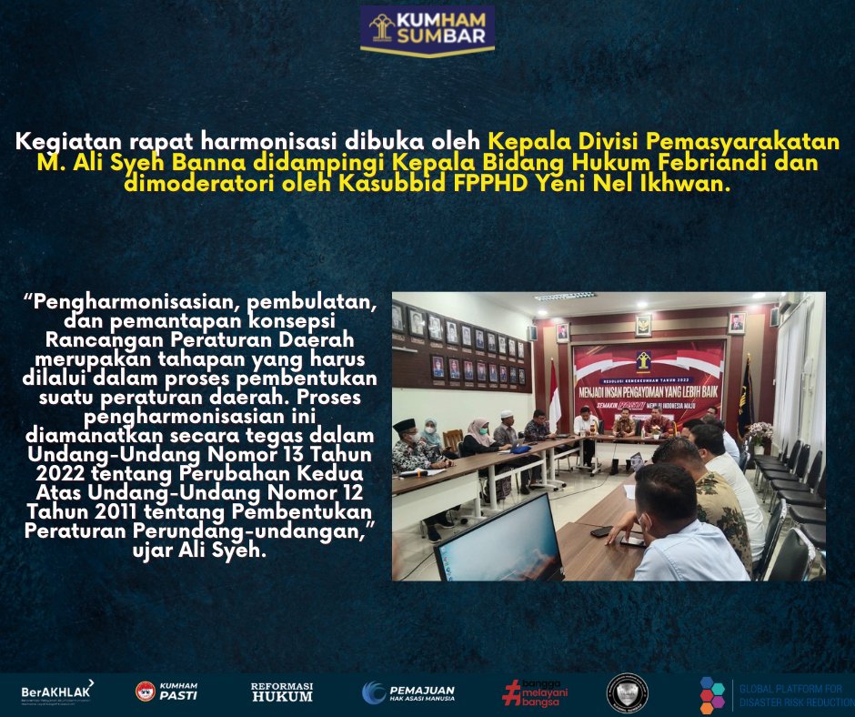 kemenkumsumbar's tweet photo. Kegiatan rapat harmonisasi dibuka oleh Kepala Divisi Pemasyarakatan M. Ali Syeh Banna didampingi Kepala Bidang Hukum Febriandi dan dimoderatori oleh Kasubbid FPPHD/Perancang Ahli Madya Yeni Nel Ikhwan.

#Ranperda
#DitjenPP
#KemenkumhamRI
Kumham Sumbar https://t.co/5o5pORArea