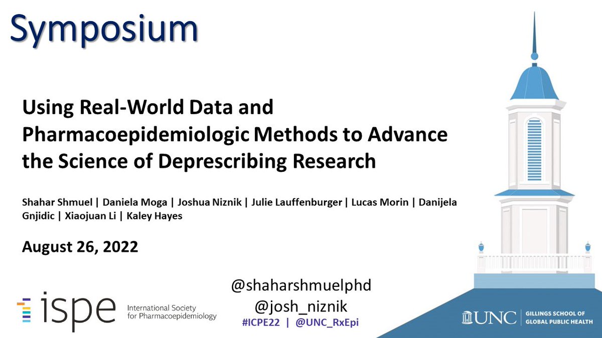 Symposium at #ICPE22 by 
<a href="/shaharshmuelphd/">Shahar Shmuel</a> @josh_niznik 

Using Real-World Data and Pharmacoepidemiologic Methods to Advance the Science of Deprescribing Research
 
📌10:30am CEST / Room C1M5
<a href="/UNCSPHResearch/">UNC Gillings Research</a> #Deprescribing
