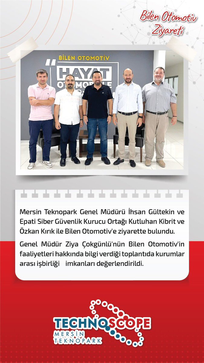 MersinTeknopark's tweet photo. Mersin Teknopark Genel Müdürü İhsan Gültekin ve Epati Siber Güvenlik Kurucu Ortağı Kutluhan Kibrit ve Özkan Kırık ile Bilen Otomotiv'e ziyarette bulundu.
#teknopark #mersinteknopark #sanayiveteknolojibakanlığı #türkiye #mersinteknopark #technoscope #inovasyon #bilim #teknoloji https://t.co/9z7EbEUOE0