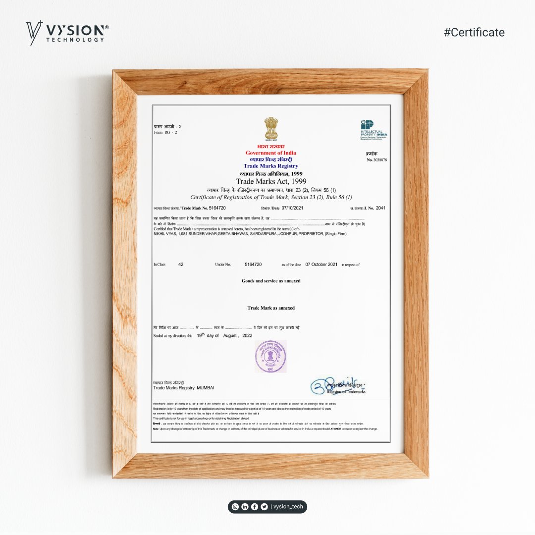 vysion_tech's tweet photo. We are delighted to share that Vysion Technology is now registered trademark under class 42.

#trademark #Vysion #startup https://t.co/JVDkZ3gTNW