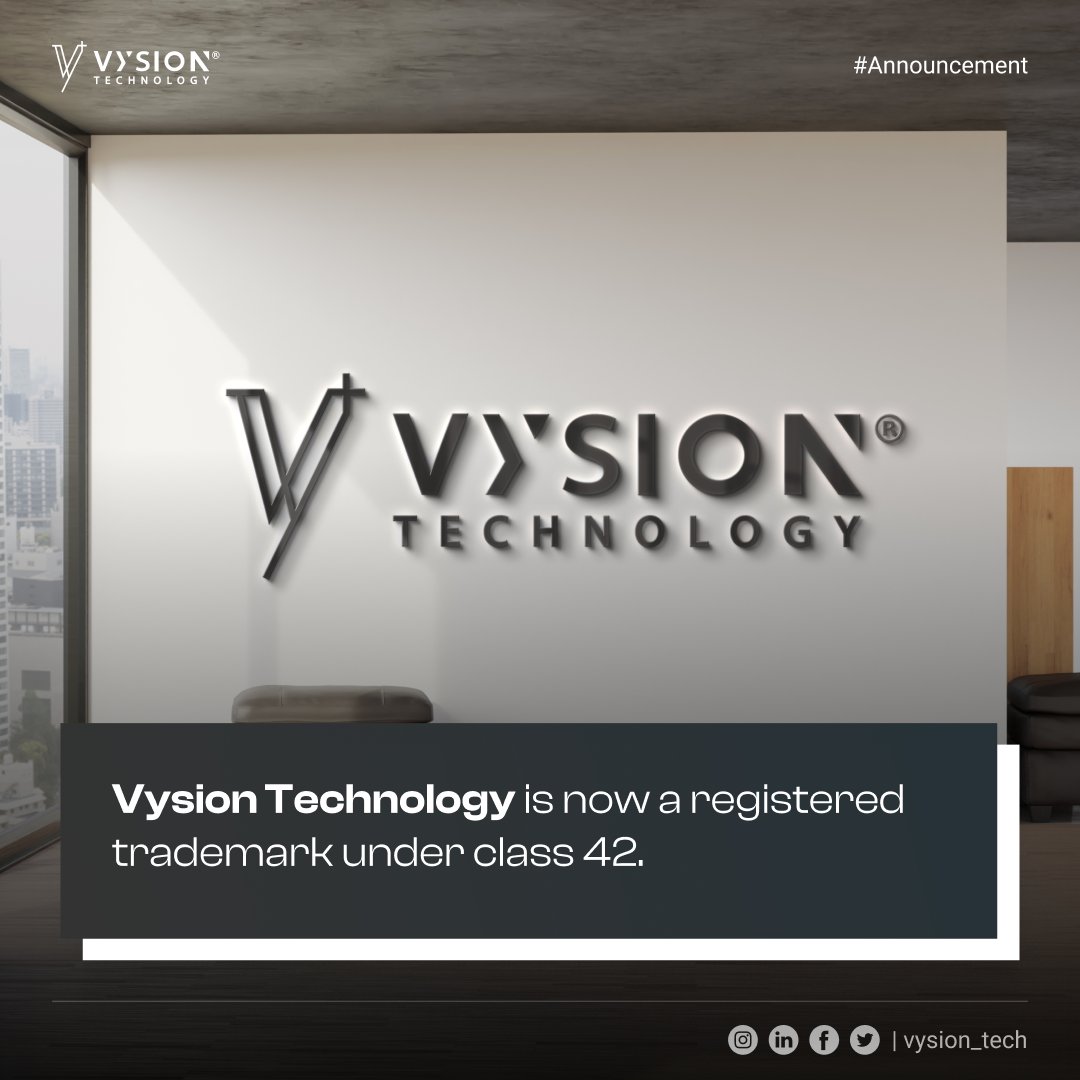 vysion_tech's tweet photo. We are delighted to share that Vysion Technology is now registered trademark under class 42.

#trademark #Vysion #startup https://t.co/JVDkZ3gTNW