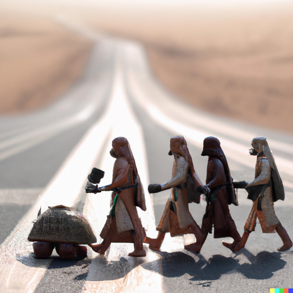 vincent_io's tweet photo. the beatles crossing abbey road on tatooine #dalle https://t.co/ji4JKZD7BT