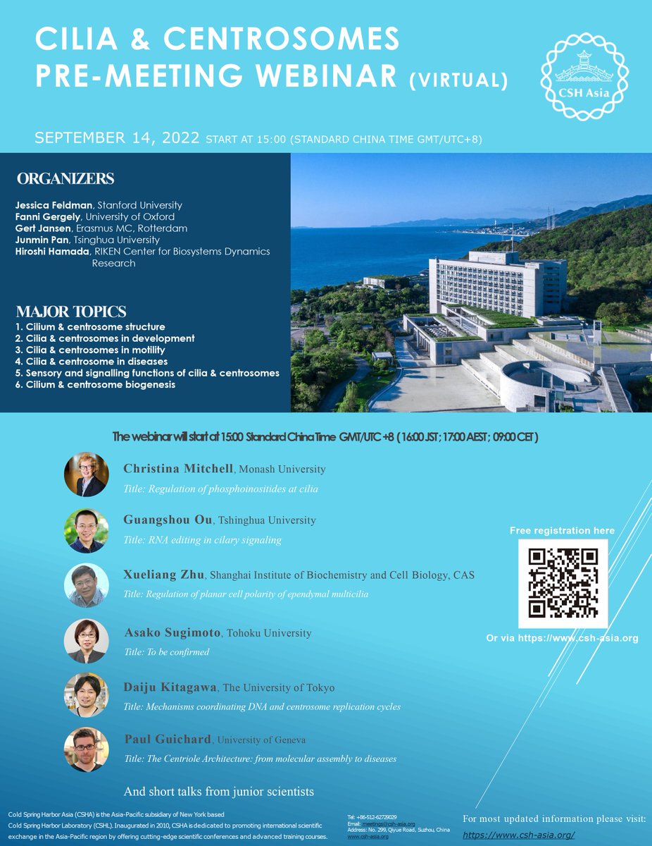 CSHANews's tweet photo. #CSHAsia Pre-meeting Webinar on #Cilia & #Centrosomes will start at 15:00 (GMT+8) on Sept 14,2022. Free registration via https://t.co/3aiKuxZ0xU
#Cilium #Microtubules #CellMotility #Mitosis #CellDivision #Celldifferentiation #Cellpolarity #Ciliopathies https://t.co/lIYypPA6ea