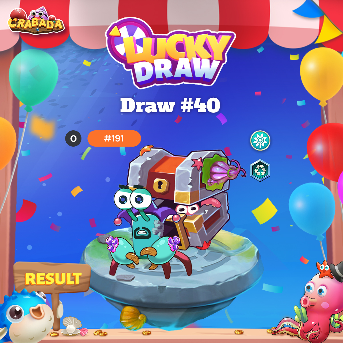 📢Dear Crabadians!

Draw #40 has ended with a total of 2,183 entries!

CONGRATS TO THE WINNER!🦀🥳
🎟️#256

It's time to get lucky with Daily Crabada Draw #41!🍀✨
JOIN NOW👉staking.crabada.com/lucky-draw