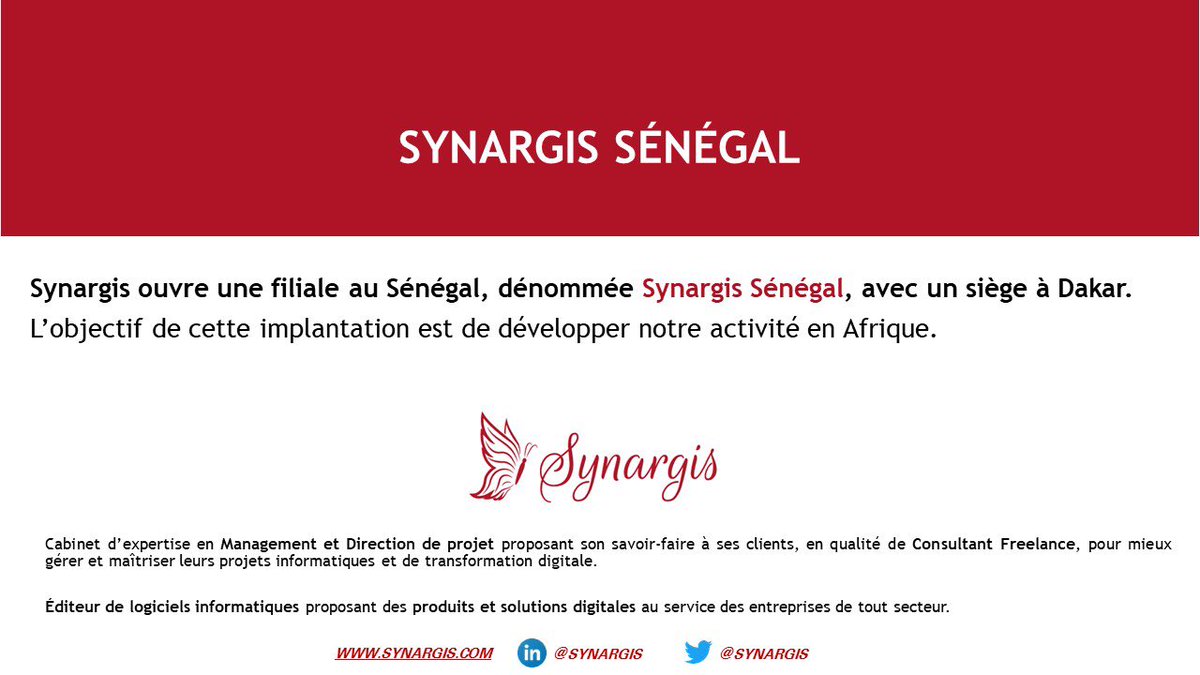 synargis's tweet photo. @synargis ouvre une filiale au Sénégal, dénommée Synargis Sénégal, avec un siège à Dakar. 
L’objectif de cette implantation est de développer notre activité en Afrique.
#Synargis #senegal  #developpement  #informatique  #IT #logiciel  #InvestInSenegal #afrique https://t.co/pyqSki33hx