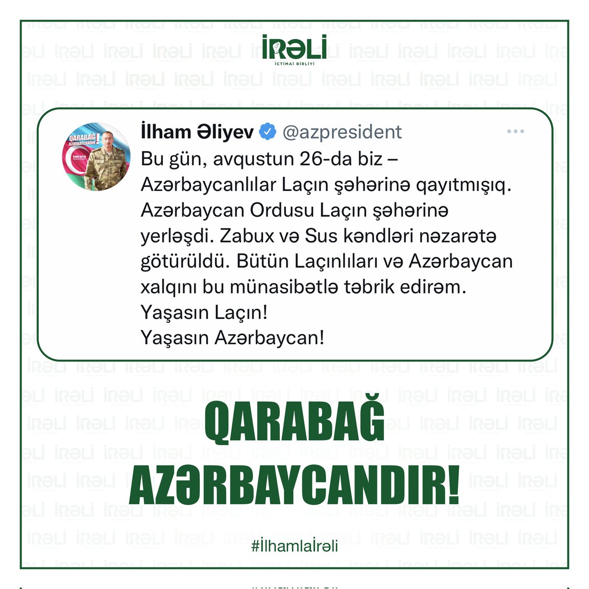 Eşq olsun Azərbaycan xalqına!
Qarabağ Azərbaycandır! ✊🏻

#KarabakhisAzerbaijan #Lachin 🇦🇿