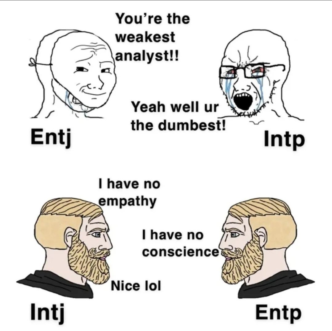 entpmemesdaily's tweet photo. #entp #entpmemes #entpmeme #mbti #16Personalities
#entj #intp #intpmemes #intj #intjmemes https://t.co/vDw4kraOng