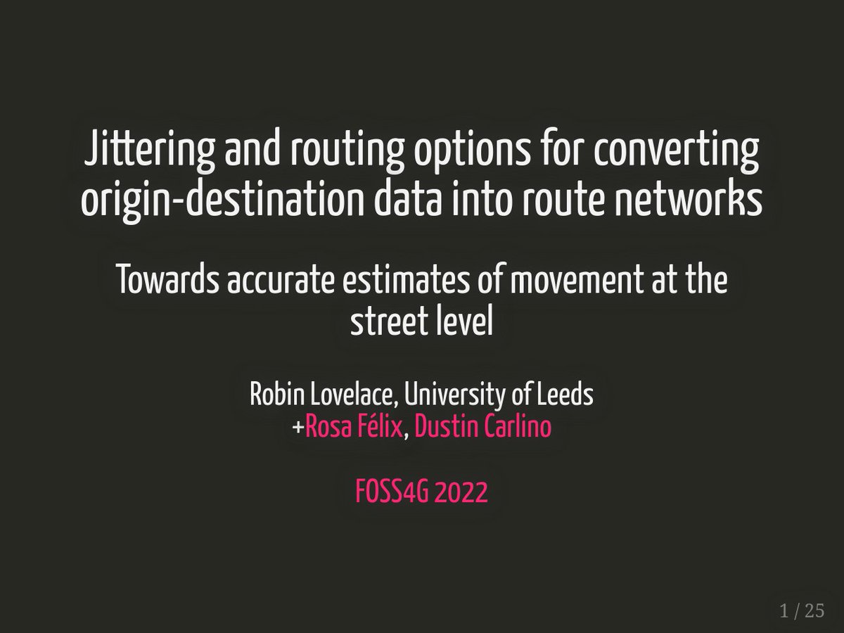 robinlovelace's tweet photo. Excited to be presenting project with @rosamfelix and @CarlinoDustin at #FOSS4G2022. If you're there in person or on @venueless you can watch live and ask questions in room Hall 3A.

Code: https://t.co/5RRvPv1XzA
Video: https://t.co/EW5vV2q4fS
Paper: https://t.co/vJ4OoErJQc https://t.co/016bgVaF2A