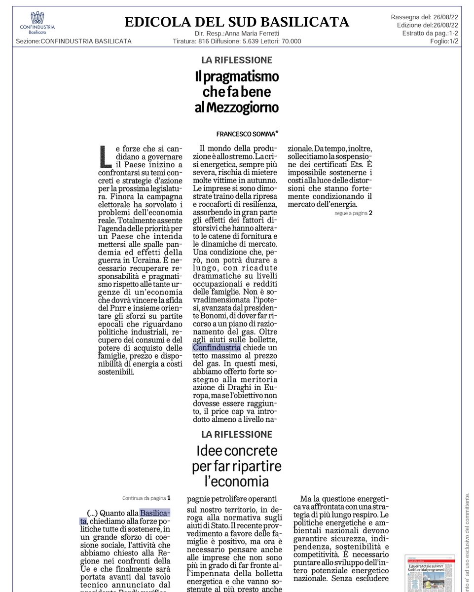 #25settembre Presidente Somma su quotidiani di oggi: politica si confronti con realismo su nodi economico sociali. Imprese allo stremo per #caroenergia. #gasgratis ai lucani: dopo le famiglie si pensi alle imprese. Sostenere azione <a href="/regbasilicata/">Regione Basilicata</a>
