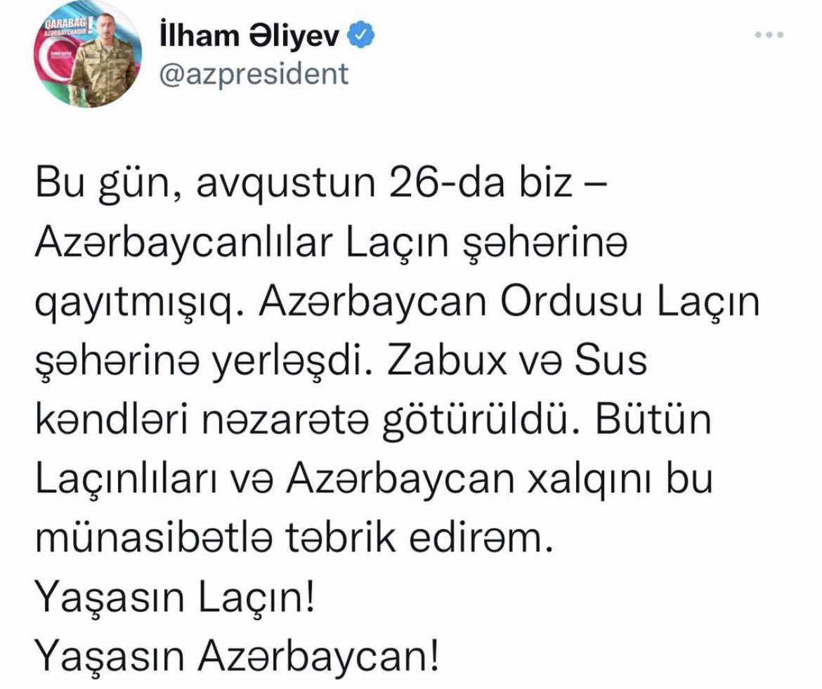 s_asadova's tweet photo. Today, on 26 August, we - the Azerbaijanis - have returned to the city of Lachin. Azerbaijan's Army is now stationed in the city of Lachin. The villages of Zabukh and us were taken under control.
Long live Lachin!
Long live Azerbaijan! https://t.co/OrTuxfkzQO