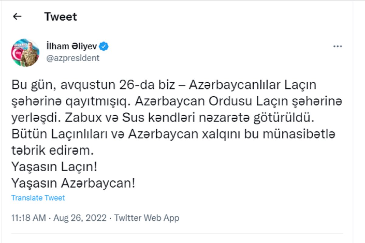Ali Baş Komandandan sevindirici tvit gəldi

Biz Laçındayıq!

Yaşasın Azərbaycan! 🇦🇿