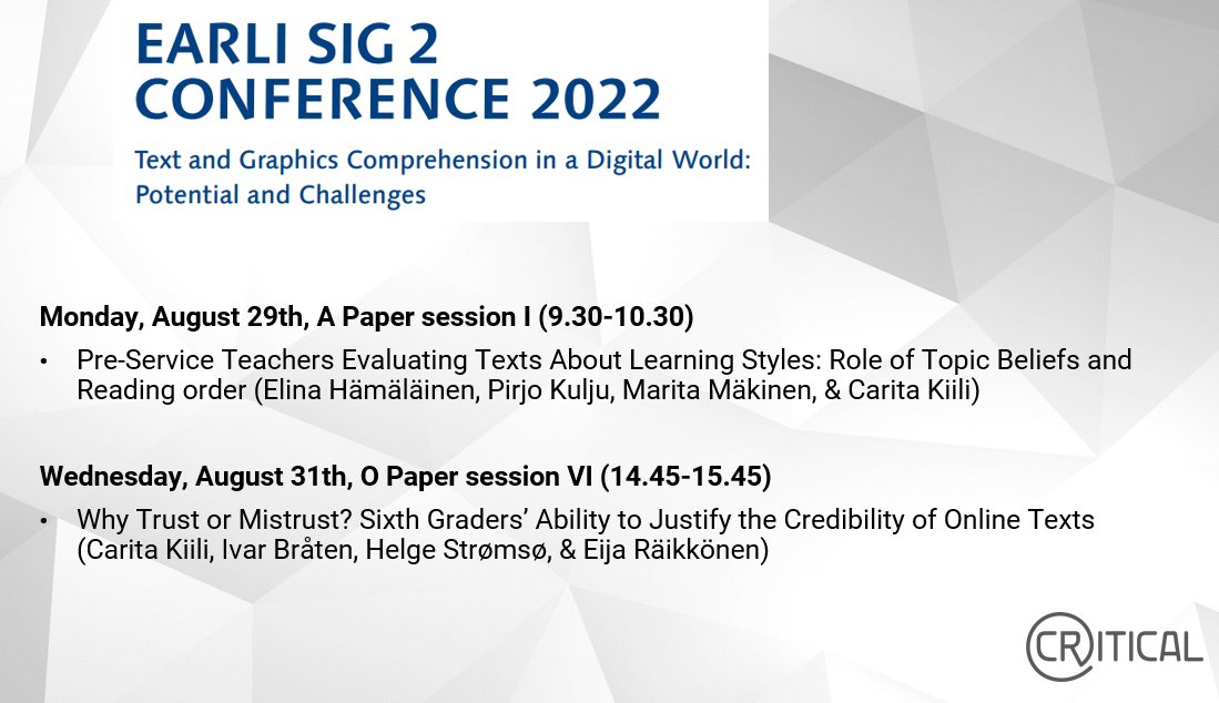 EduCritical's tweet photo. Our researchers @ckiili and @ElinaKHmlinen are very excited to present recent results about younger and older students' #credibility #evaluation skills next week at #Earli #SIG2 conference placed in Kiel, Germany @Akatemia_STN @SuomenAkatemia https://t.co/lMtvkM860W
