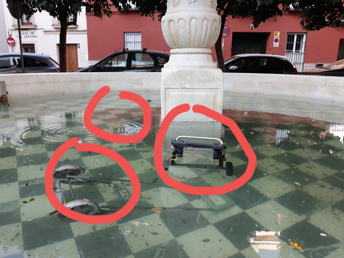 alamedera's tweet photo. Pila del Pato en #SevillaHoy ...alguien ha tirado dentro tres estructuras de carro de compra, un patinete, un cortador de jamón y una manguera #guarros #incivicos @Ayto_Sevilla hoy viernes 26 https://t.co/xzrxuqvocr