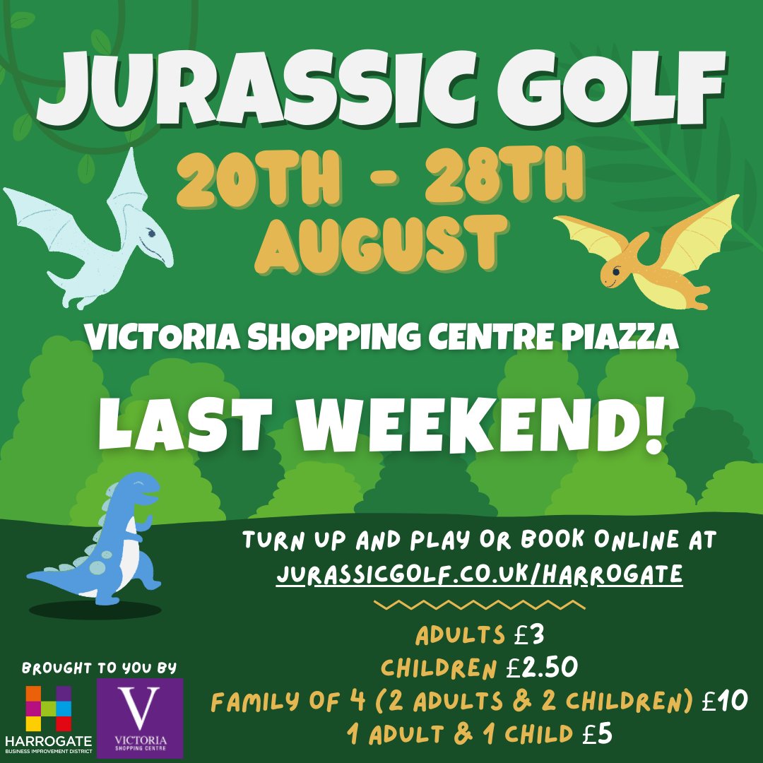 BidHarrogate's tweet photo. This weekend is your final opportunity to experience Harrogate Jurassic Golf!

It's been a roaring success so far so don't miss out! 🦕 

You can book online or just turn up and play. 

The course is open daily 10am - 4pm until Sunday 28th August. https://t.co/RvlQYmSuiE