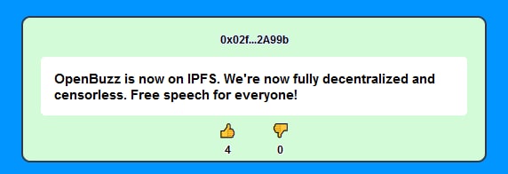 TheOpenBuzz's tweet photo. We are now on IPFS and therefore fully decentralized.
Our ENS address:
openbuzz.eth/
If you use a browser that doesn't resolve ENS:
https://t.co/sVHl2JSz1z
#Openbuzz #Decentralization #FreeSpeech https://t.co/ZlaK7Ep12v