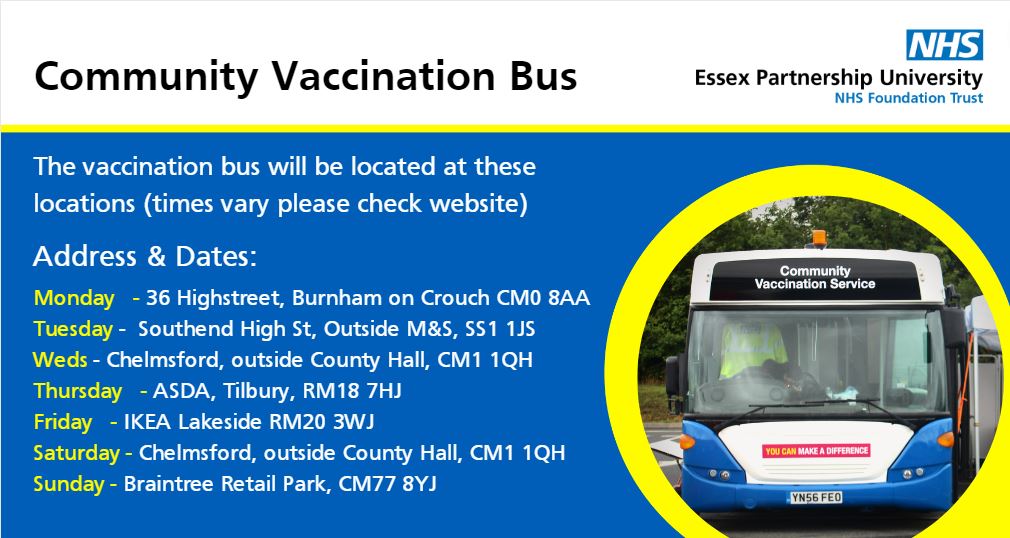The Community Vaccination Bus is out and about this week and this weekend. Come along and get vaccinated!

Check for further info on times here:  ow.ly/C2eP50JKqu1