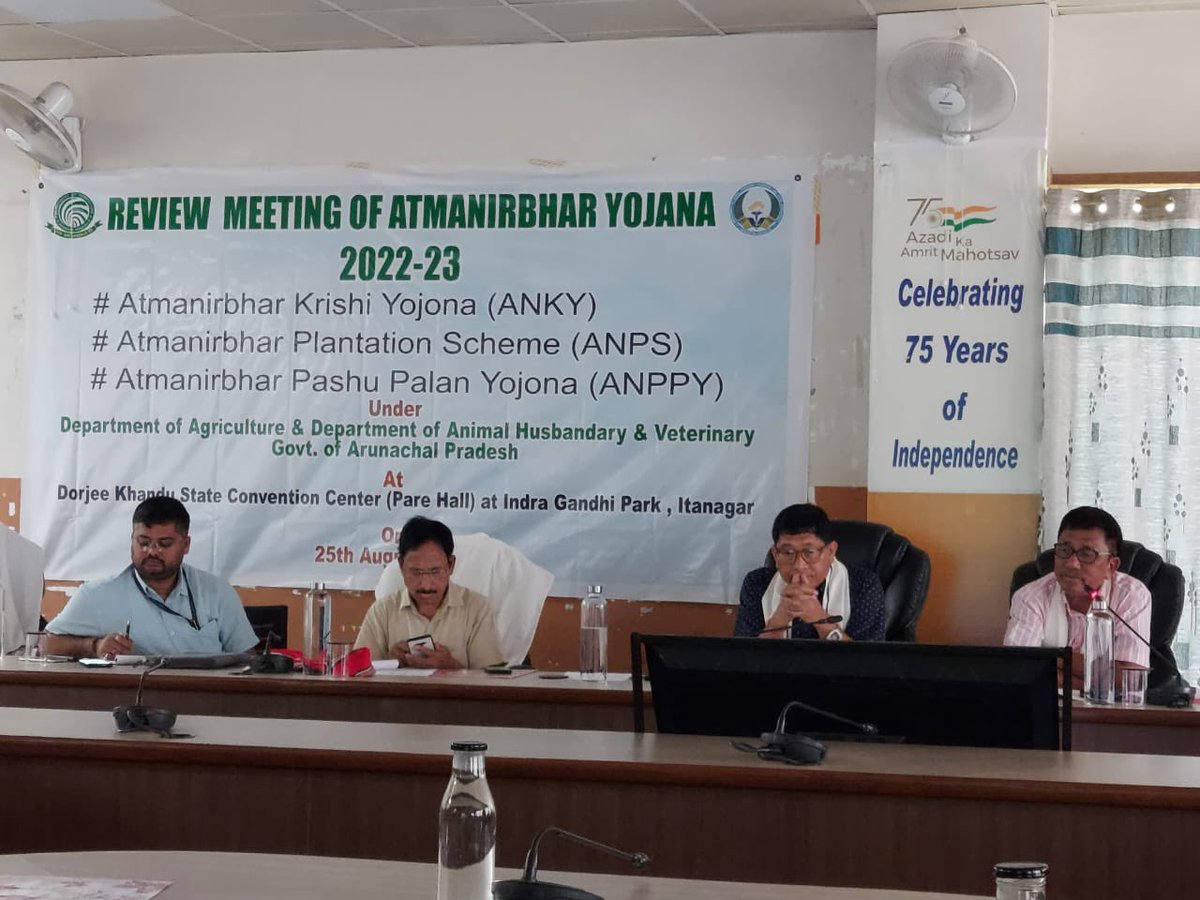 MyGovArunachal's tweet photo. A review meeting of #AtmaNirbharYojana, chaired by Hon'ble H&amp;A Minister Er. Tage Taki was held on 25th August at DK Conventional Hall, Itanagar. Several strategy &amp; implementation of #ANKY, #ANPY &amp; #ANPPY by the dept. of agri &amp; animal husbandry were discussed in the meeting. https://t.co/1ugr55x06W