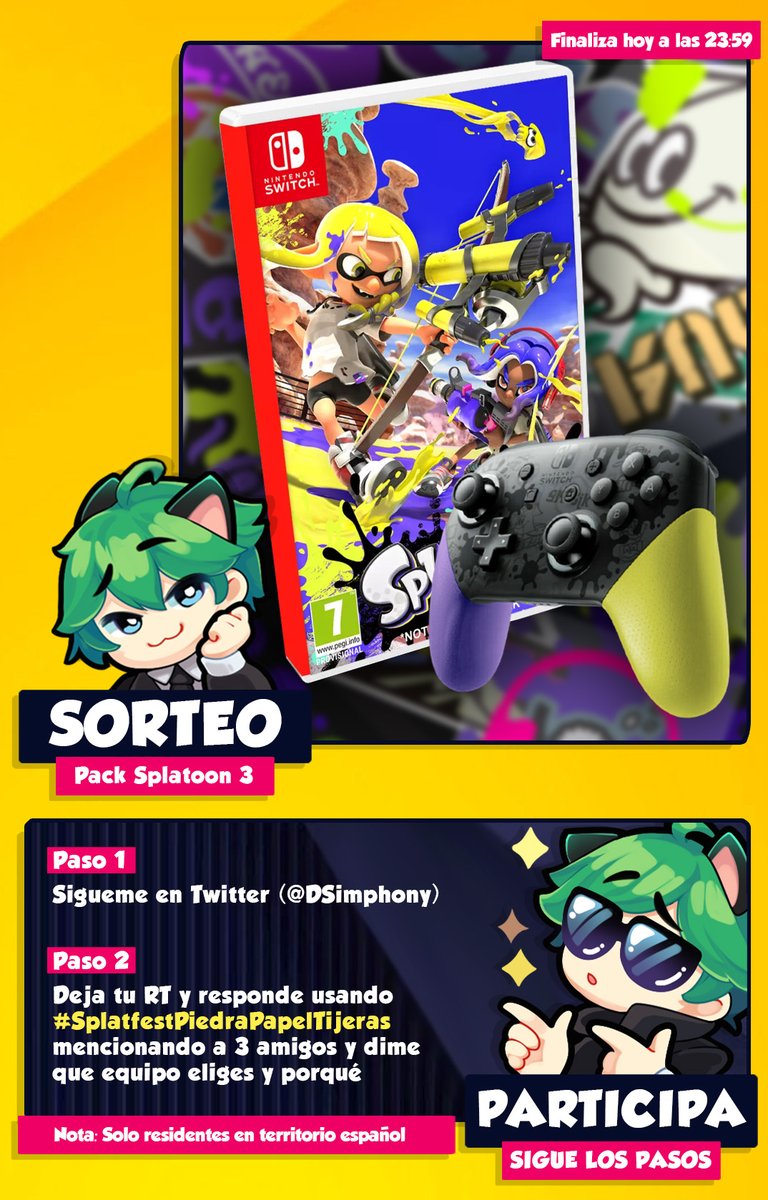 🎁¡TREMENDO #SORTEO!🎁

🦑Un pack de #Splatoon3 formado por:
1️⃣ Copia física del juego
2️⃣ Mando Pro Ed. Splatoon 3

🐙TENEIS LOS PASOS EN LA IMAGEN 

📅 Acaba hoy 26/08/2022 a las 23:59
🚫 Solo residente en España

#SplatfestPiedraPapelTijeras