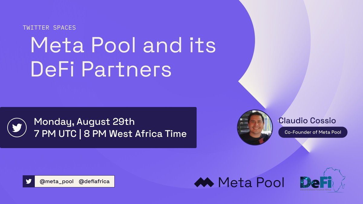 meta_pool's tweet photo. 📡 Our 2nd Twitter Space with @defiafrica on Monday!

📅 7 PM UTC | 8 PM West Africa Time

Set your reminders!👇
https://t.co/EVYBWxWUSp https://t.co/GZHh8cFV0V