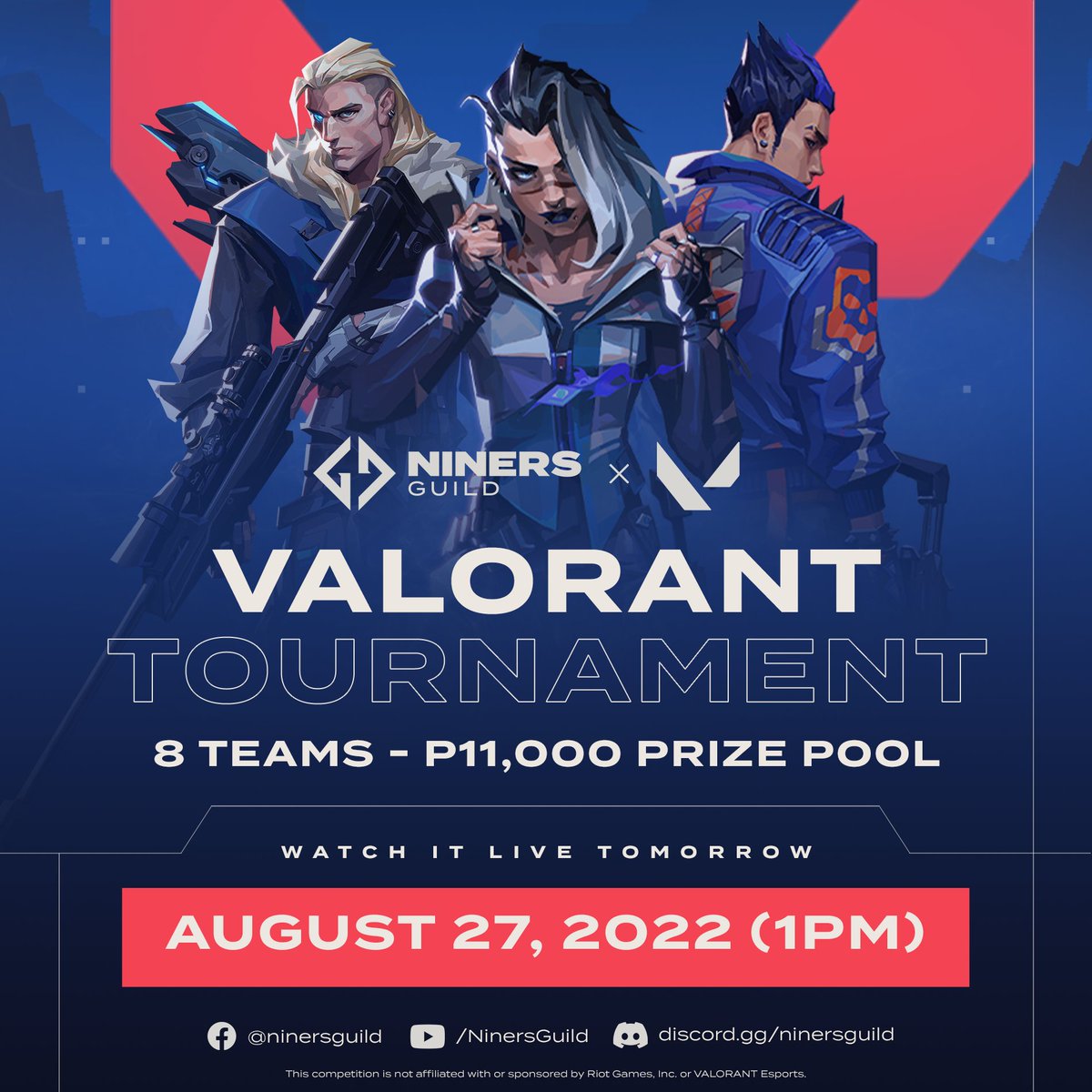 NinersGuild's tweet photo. "Stand tall. We are Valorant. We are fighters!"

Tomorrow is the big day!

Come watch the livestream for the semi-finals and final round from 1PM onwards on our platforms!
🔶 Facebook: https://t.co/4NvBYxoFw3
🔶 Youtube: https://t.co/8ZhXOWwHIi
🔶 Discord: https://t.co/Pyd4zrwStg https://t.co/cJewunSBbh