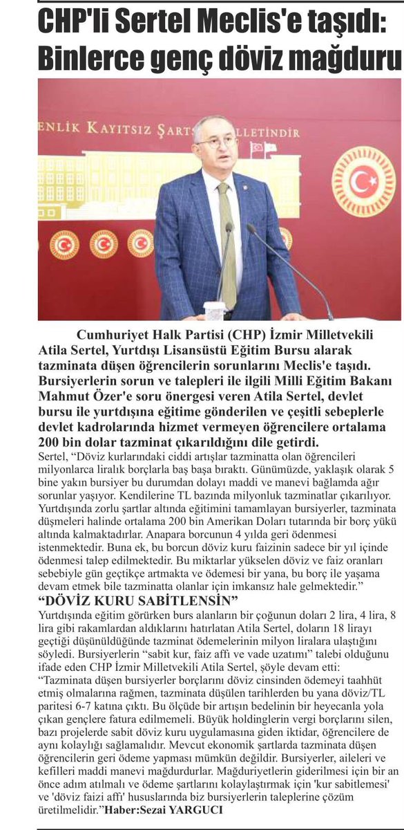 AtillaSertell's tweet photo. Yurtdışı Lisansüstü Eğitim Bursu alan ve tazminata düşen öğrenciler; faiz affı, sabit kur ve vade uzatımı bekliyor. 200-300 bin dolarları bulan tazminatlar konusunda Milli Eğitim Bakanlığı çözüm sunmalıdır. 

🗞Yeni Bakış
🗞Yenigün
🗞Yeniyol https://t.co/GKEYabeZZ7