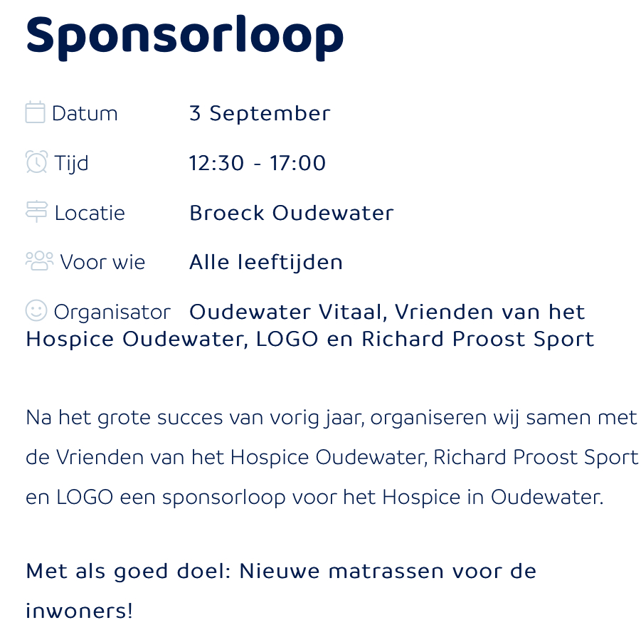 Doe je mee op 3 september? Diverse afstanden lopen of wandelen voor Hospice Oudewater. Schrijf je in op oudewatervitaal.nl