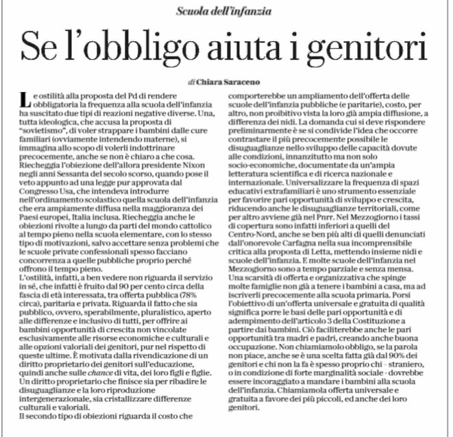 Perché è importante la scuola dell’infanzia per i bambini italiani.
Da leggere, come sempre, Chiara Saraceno (Repubblica)